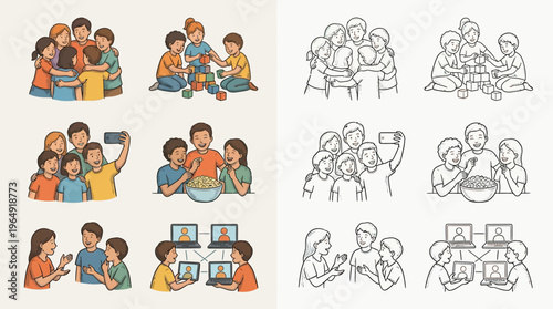 Illustrations depicting various family and social interactions, including hugs, playing, taking selfies, sharing snacks, and video calls.
