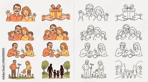 Collection of colorful and line art illustrations depicting family activities and moments, including gift-giving, gatherings, and gardening.