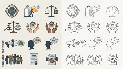 Collection of icons representing human rights, justice, freedom, and community, presented in both color and outline styles.