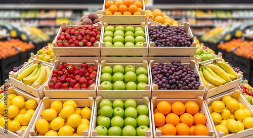 Fresh fruit display in a supermarket with various colorful fruits