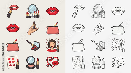 Collection of colorful and sketched icons representing various makeup and beauty products, including lipsticks, mirrors, and cosmetic bags.