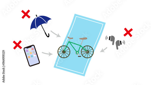 自転車の青切符制度と禁止行為(ながらスマホ・傘さし・イヤホン運転を注意喚起するイラスト)
