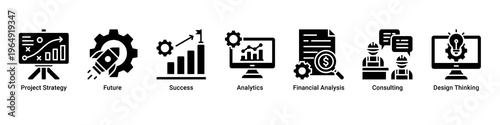 Strategy Growth web banner icon vector illustration with icons of Project Strategy,Future,Success,Analytics,Financial Analysis,Consulting and Design Thinking