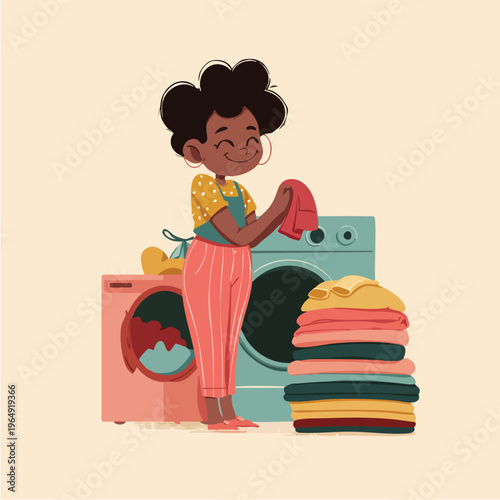 Young person doing laundry in a home setting.