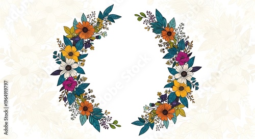 Hand-Drawn Floral Frame with Vibrant Colored Blooms and Detailed Leaves