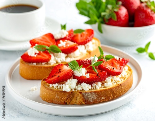 Two open-faced toasts with strawberries, cheese, basil and coffee