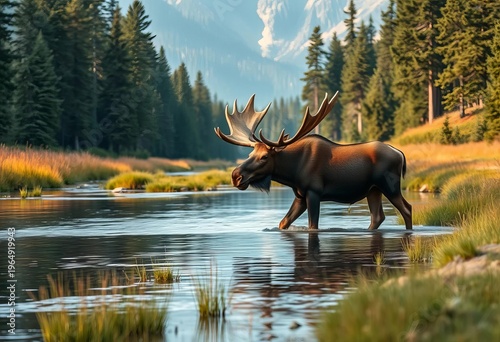 Majestic bull moose wades in shallow river, serene forest valley, fir trees, long grass,  fir trees,  nature
