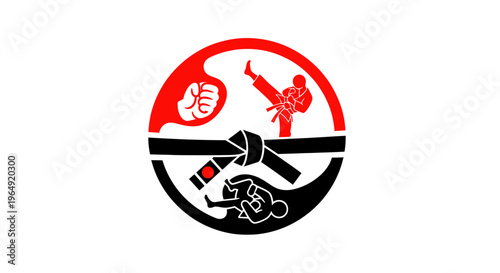 Martial Arts Emblem: Karate Fighter, Belt, Fist, Kick, Grappling
