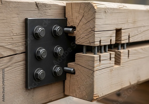 Heavy-duty metal bracket securing large wooden beams together with bolts