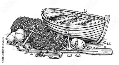 Nautical Equipment: Rowboat, Anchor, Fishing Net, Buoys, Oar, Rope