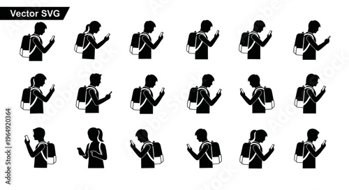Silhouettes of people with backpacks looking at smartphones, vector set