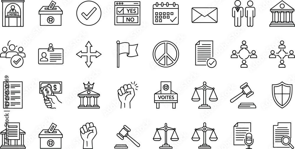 Fototapeta premium Voting democracy line icons set election government outline vector illustration collection