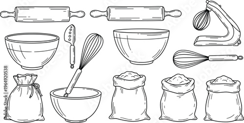 Baking Tools Icon Set with Rolling Pins, Bowls, Whisks, and Flour Bags for Cooking, Baking, and Kitchen Design Projects