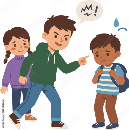 Illustration of a school-age boy bullying another child while a worried girl watches, showing emotional distress and negative peer behavior.