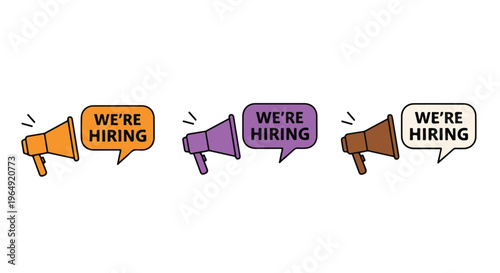 Colorful illustration of four megaphones with 'We're Hiring' speech bubbles on a white background, conveying a job recruitment theme with bold graphics.