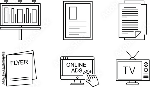 Advertising and Media Icon Set with Billboard, Flyer, TV, and Online Ads for Marketing, Promotion, and Media Design Projects