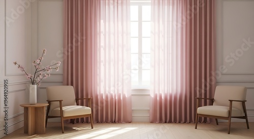 Elegant living space featuring soft pink curtains and classic armchairs