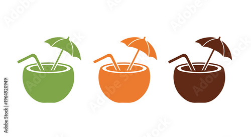 Three colorful cocktail icons with umbrellas and straws in green, orange, and brown on a white background.