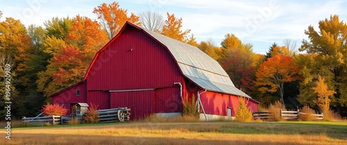 Rustic red barn amidst vibrant fall foliage under a clear sky, embodying a peaceful rural autumn scene,  barn,  landscape