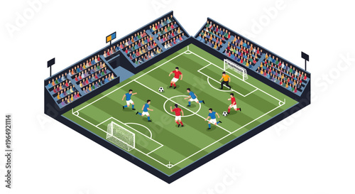 Isometric view of a 3D soccer stadium with players on the field and spectators in the stands, showcasing modern stadium design and infrastructure.