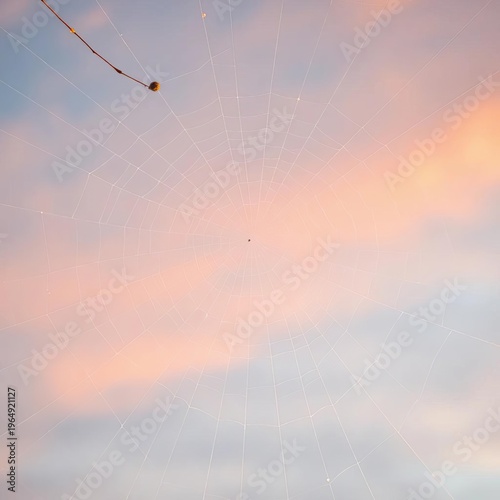 Silken spiderwebs catch diffused light, jeweled strands weaving a delicate network against a pastel sky, seen from below,  nature's lace,  organic patterns