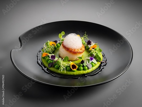 Gourmet Seared Scallop Creation with Pea Puree and Floral Embellishment