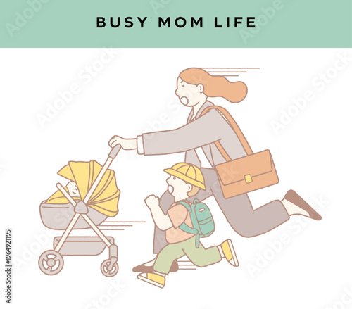 busy mother running with a stroller and a preschooler during the morning rush.