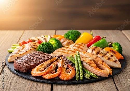 Grilled seafood and steak platter with fresh vegetables on a rustic wooden table