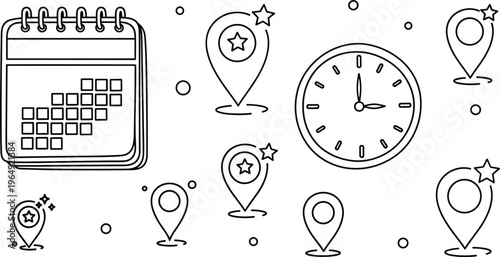 Calendar, Clock, and Location Pin Icons with Stars for Event Scheduling and Planning Designs