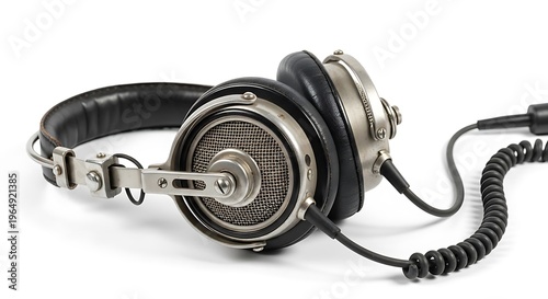 Retro silver and black headphones on white studio background