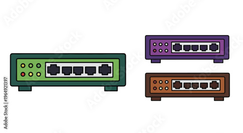 Three colorful electronic devices with multiple ports on a white background in a flat lay composition.