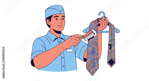 Dry Cleaner Brushing Patterned Ties on Hanger, Professional Service