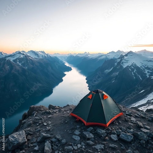 Solo tent pitched on rugged peak, dramatic fjord vista, snowy peaks ,  destination,  camping