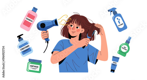 Woman drying and styling hair with hairdryer and products, beauty routine
