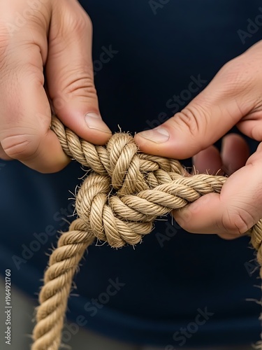 Hands tying intricate knot with textured natural fiber rope artfully