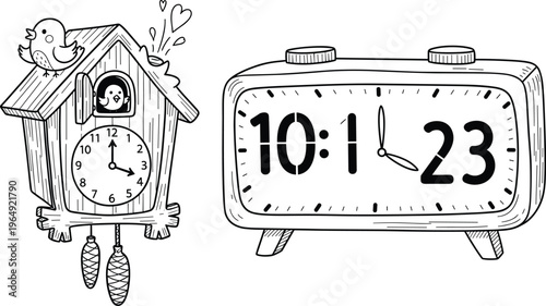 Clock Icon Set with Cuckoo Clock and Alarm Clock for Time, Home Decor, and Vintage Design Projects