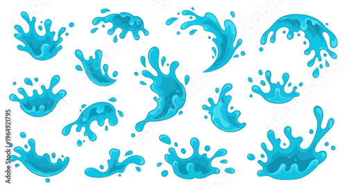 Collection of Blue Water Splashes and Waves on White Background