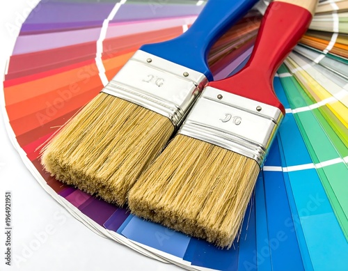 Two paintbrushes, blue and red handled, on a color palette, angled on a white surface