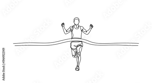 Minimalist Line Drawing of a Running Athlete Breaking Through Finish Line Inspiring Achievement and Determination