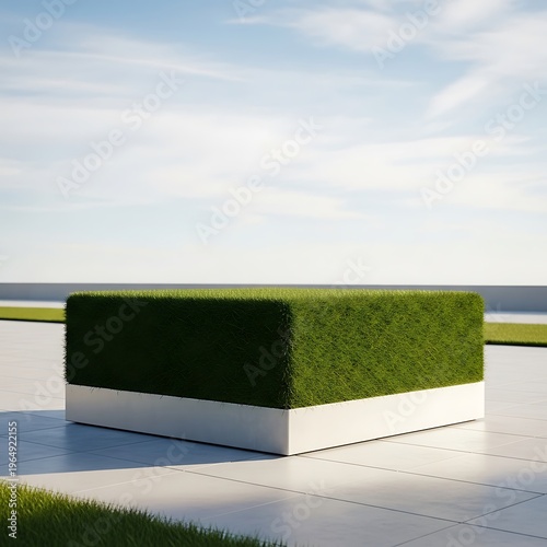 Geometric grass planter box with modern architectural backdrop scenery