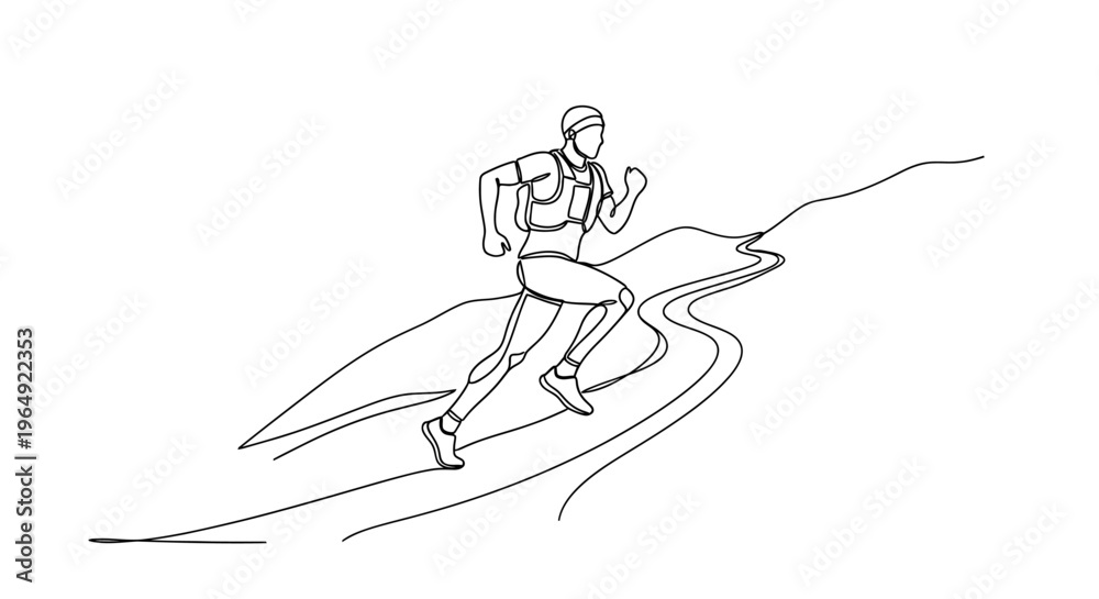 Fototapeta premium Minimalist line art illustration of a solo mountain trail runner with gear in dynamic motion