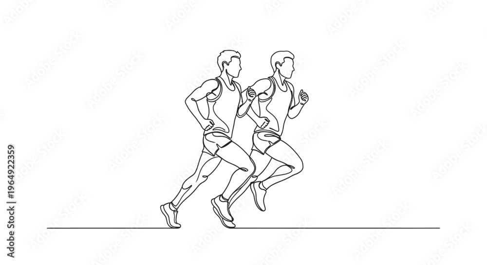 Fototapeta premium Dynamic side-by-side illustration of two athletes running together emphasizing motion and athleticism in minimal line art style