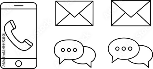 Communication and Messaging Icon Set with Phone, Email, and Chat Bubbles for Contact, Messaging, and Communication Design Projects