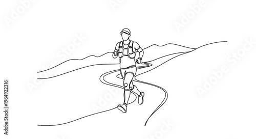 Minimalist Line Drawing of a Jogger Running Along a Scenic Mountain Trail with a Dynamic Sense of Movement and Nature Connection