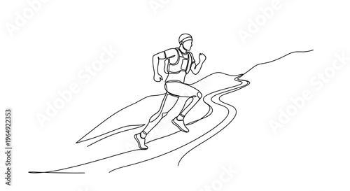 Minimalist line art illustration of a solo mountain trail runner with gear in dynamic motion