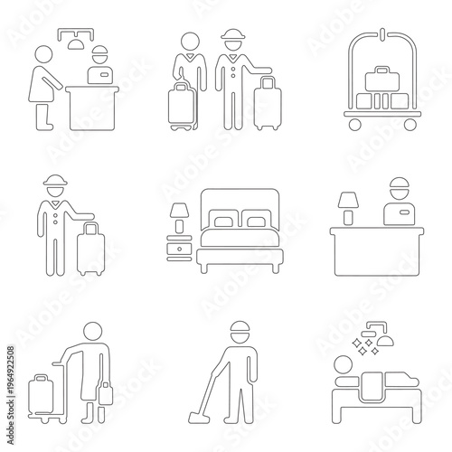 Collection of 9 linear icons for hotel industry featuring check-in, luggage transport, and housekeeping.