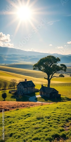 Sunlight bathes rolling hills and a quaint farmhouse with a lone oak tree,  quiet,  flora