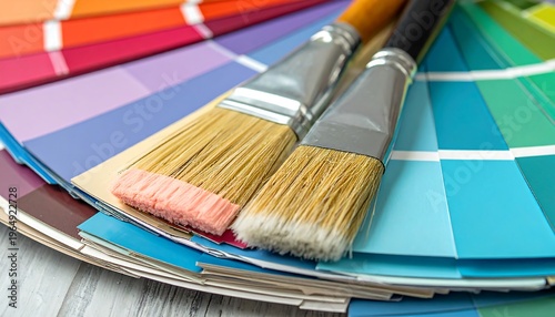 Two paintbrushes rest atop a colorful fan of paint chips, arranged in a vibrant semi-circle