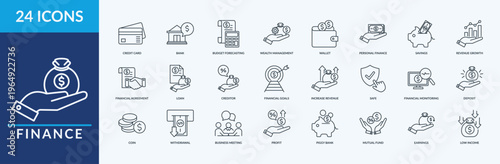 Finance - Icon Collection. Thin Outline Set contains such Icons as credit card, bank, deposit and more. Simple web icons set