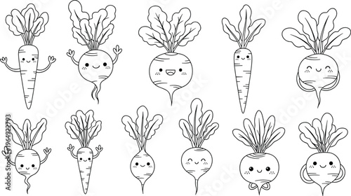 Cute hand drawn kawaii root vegetable vector characters featuring happy smiling carrots radishes and beets with funny faces,